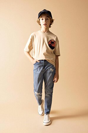 Erkek Çocuk Carrot Fit  Yırtık Detaylı Düz Paça Jean Pantolon