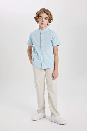 Erkek Çocuk Regular Fit Dik Yaka Keten Görünümlü Kısa Kollu Gömlek