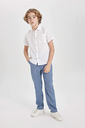 Erkek Çocuk Regular Fit Polo Yaka Keten Görünümlü Kısa Kollu Gömlek
