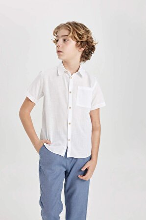 Erkek Çocuk Regular Fit Polo Yaka Keten Görünümlü Kısa Kollu Gömlek