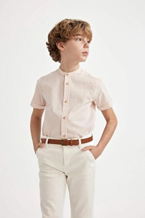 Erkek Çocuk Regular Fit Dik Yaka Keten Görünümlü Kısa Kollu Gömlek