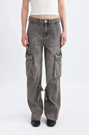 Afra x DeFacto Wide Leg Kargo Yüksek Bel Uzun Jean Pantolon