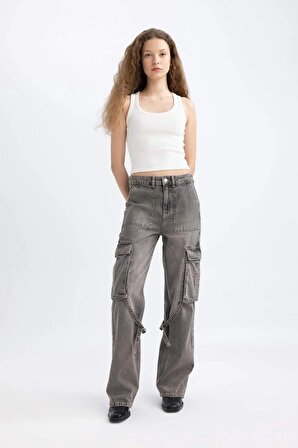 Afra x DeFacto Wide Leg Kargo Yüksek Bel Uzun Jean Pantolon