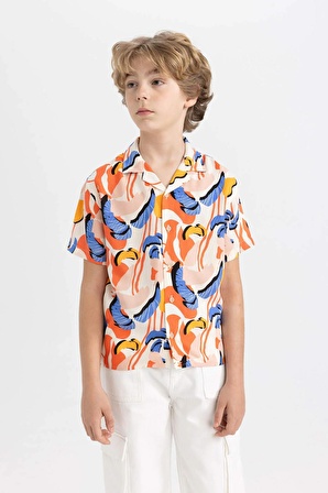 Erkek Çocuk Oversize Fit Polo Yaka Desenli Viskon Kısa Kollu Gömlek