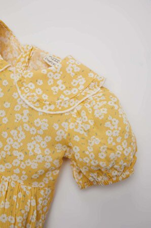 Kız Bebek Çiçekli Kısa Kollu Krinkıl Viskon Elbise