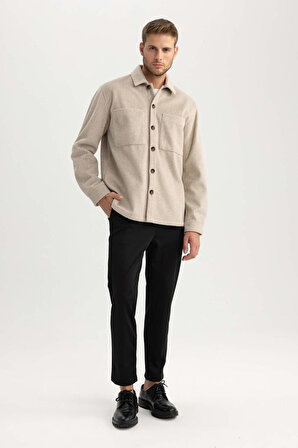Relax Fit Polo Yaka Yün Görünümlü Uzun Kollu Gömlek Ceket