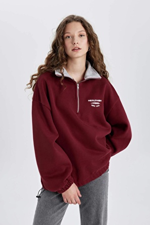 Oversize Fit Yarım Fermuarlı Nakışlı Kalın Kumaş Sweatshirt