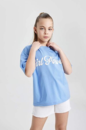 Kız Çocuk Oversize Fit Baskılı Kısa Kollu Tişört