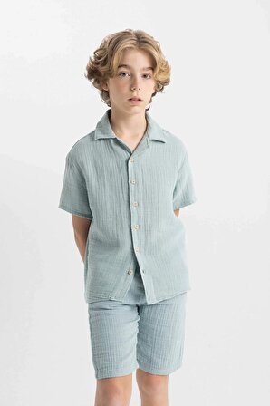 Erkek Çocuk Oversize Fit Polo Yaka Müslin Kısa Kollu Gömlek