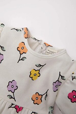 Kız Bebek Çiçekli Kısa Kollu Waffle Elbise