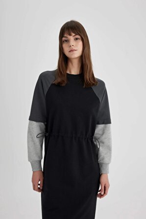 Regular Fit Renk Bloklu Sweatshirt Kumaşı Elbise