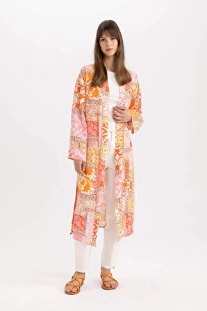 Relax Fit Kaçık Yaka Baskılı Kimono
