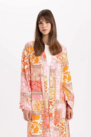 Relax Fit Kaçık Yaka Baskılı Kimono