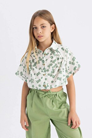 Kız Çocuk Crop Pamuklu Çiçekli Kısa Kollu Gömlek