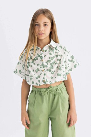 Kız Çocuk Crop Pamuklu Çiçekli Kısa Kollu Gömlek