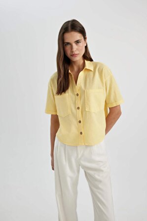 Oversize Fit Gömlek Yaka Keten Karışımlı Kısa Kollu Bluz
