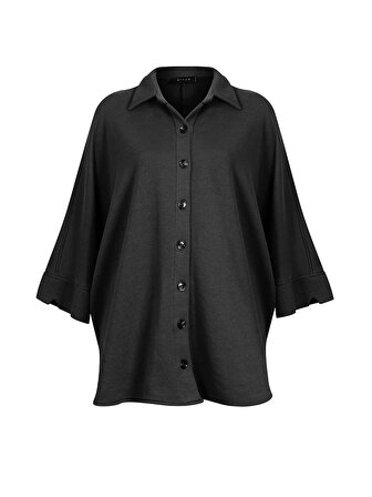 Düğme Detaylı Oversize Gömlek - Siyah