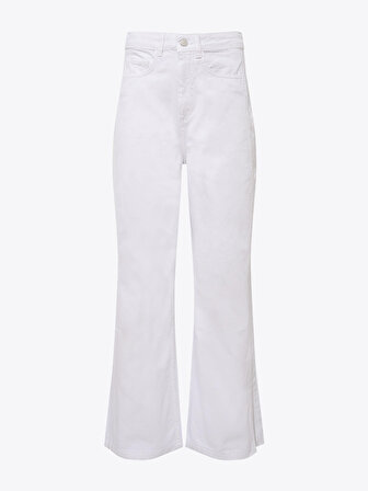 Paçaları Yırtmaçlı Yüksek Bel Wide Leg Beyaz Jean - Beyaz