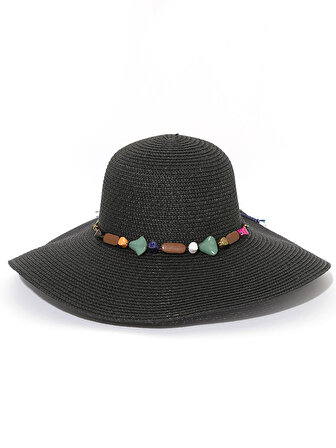 Boncuk Detaylı Büyük Hasır Şapka - Siyah