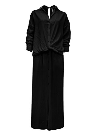 Önü Düğmeli İçi Astarlı İkonik Viskon Gömlek Elbise - Siyah