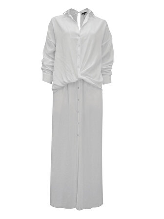Önü Düğmeli İçi Astarlı İkonik Viskon Gömlek Elbise - Beyaz