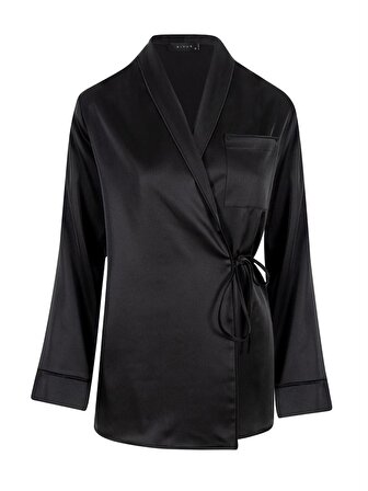 Anvelop Kapama Saten Pijama Ceket - Siyah