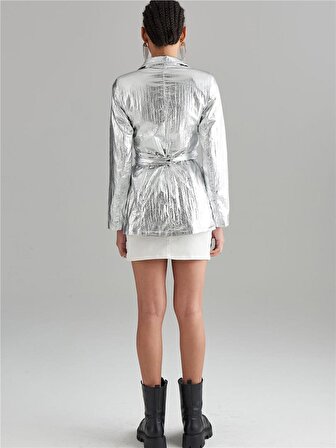 Glitter Paraşüt Kumaş Bağlamalı Vatkalı Blazer Ceket - Silver