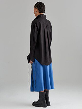 Bağcık Detaylı Oversize Kesim Koton Gömlek - Siyah