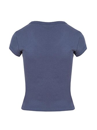V Yaka Crop T-Shirt - Mavi