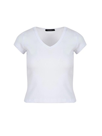 V Yaka Crop T-Shirt - Beyaz