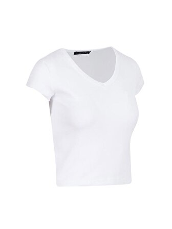 V Yaka Crop T-Shirt - Beyaz
