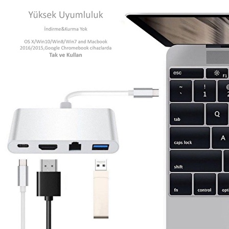 Type-C HDMI 4K RJ45 Gigabit Ethernet Type-C Usb 3.0 Şarj Girişli