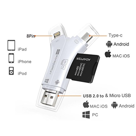 Type-C iPhone Micro Usb Kart Okuyucu SD Multi 4in1