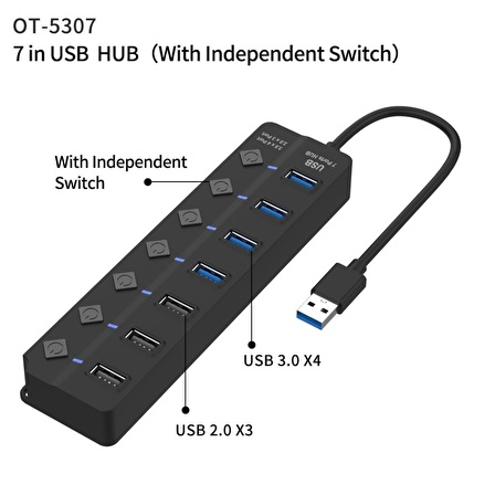 Onten OTN-5302 7 Port 4xUSB 3.0 3xUSB 2.0 Anahtarlı USB Çoklayıcı