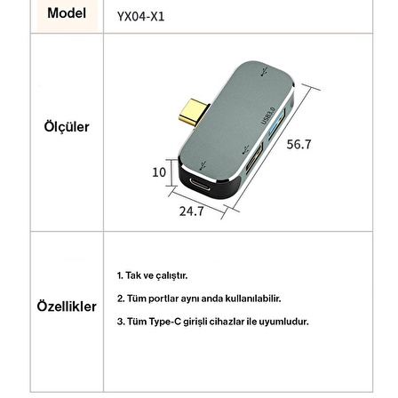 Type-C Usb 3.0 2xUsb 2.0 Type-C Girişli Adaptör Çevirici Hub X1