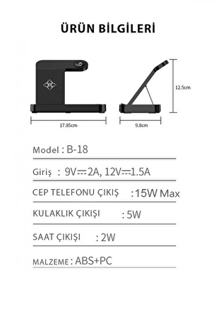 4in1 15W iPhone Airpods Watch Kablosuz Şarj Standı B18