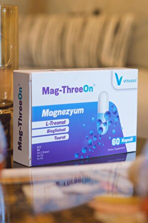 MagThreeon 60 Kapsül Yetişkinler için Magnezyum ve Vitamin Mineral Gıda Takviyesi, Vitamin B6, Vitamin B12, Vitamin C, Vitamin D3, Vitamin K2, Magnezyum L treonat, Magnezyum Bisglisinat, Magnezyum Taurat