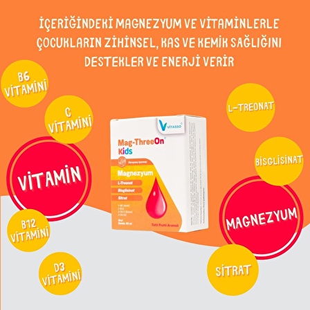 MagThreeon Kids Çocuklar için Damla Magnezyum ve Vitamin Gıda Takviyesi, Vitamin B12, Vitamin C, Vitamin D3, Magnezyum Ltreonat, Magnezyum Sitrat, Magnezyum Bisglisinat