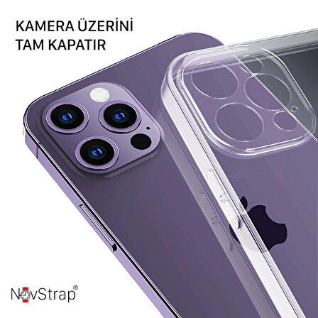 NovStrap iPhone 14 Pro Max Uyumlu Kılıf 6.7 Kamera Üzerini Tam Kapatan Kamera Korumalı Şeffaf Tıpalı