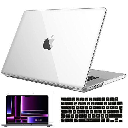 NovStrap Apple MacBook Pro 2023 M2 14.2 inc A2779 Uyumlu Parlak Kılıf + Siyah Klavye Kılıfı + Film