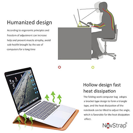 NovStrap Apple Macbook Pro M2 A2780 16 inç 2023 Uyumlu Deri Kılıf Çanta Sleeve Standlı İçi Kumaş