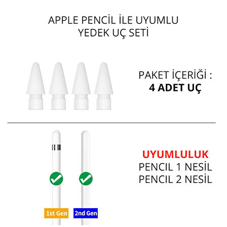NovStrap Apple Pencil 1-2 Nesil ile Uyumlu Üretilmiş Yedek Uç 4 Adet Yedek Pencil Ucu Pencil Tips