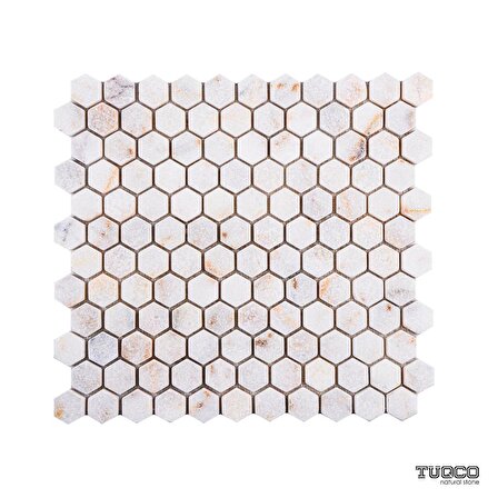 Tuqco Doğal Taş 1 inch Fileli Hexagon Golden Eskitme Mermer Mozaik Banyo Mutfak Tezgah Arası Duvar Kaplama Döşeme Paneli