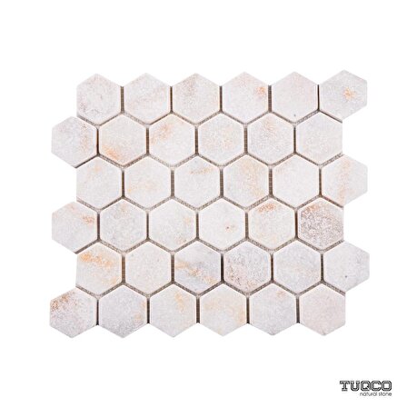 Tuqco Doğal Taş 2 inch Fileli Hexagon Golden Eskitme Mermer Mozaik Banyo Mutfak Tezgah Arası Duvar Kaplama Döşeme Paneli