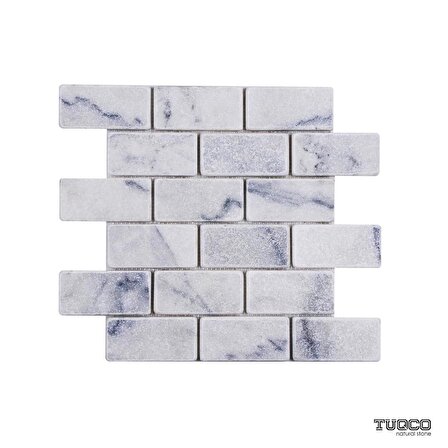Tuqco Doğal Taş Fileli 5cm x 10cm Carrara Eskitme Mermer Mozaik Banyo Mutfak Tezgah Arası Duvar Kaplama Döşeme Paneli