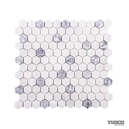 Tuqco Doğal Taş 1 inch Hexagon Muğla Beyazı - Gümüş Honlu Mermer Mozaik Banyo Mutfak Tezgah Arası Duvar Kaplama Döşeme Paneli