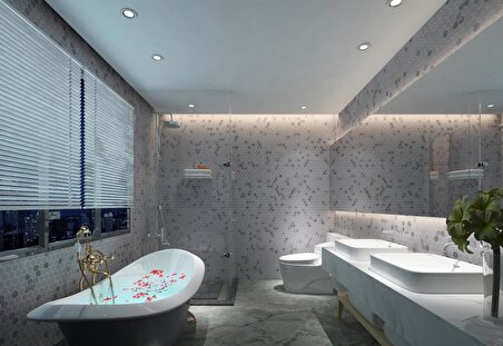 Tuqco Doğal Taş 1 inch Hexagon Muğla Beyazı - Gümüş Honlu Mermer Mozaik Banyo Mutfak Tezgah Arası Duvar Kaplama Döşeme Paneli