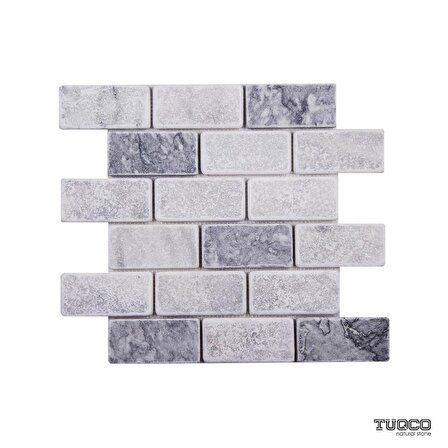 Tuqco Doğal Taş Fileli 5 x 10 cm Muğla Beyazı - Gümüş Eskitme Mermer Mozaik Banyo Mutfak Tezgah Arası Duvar Kaplama Döşeme Paneli