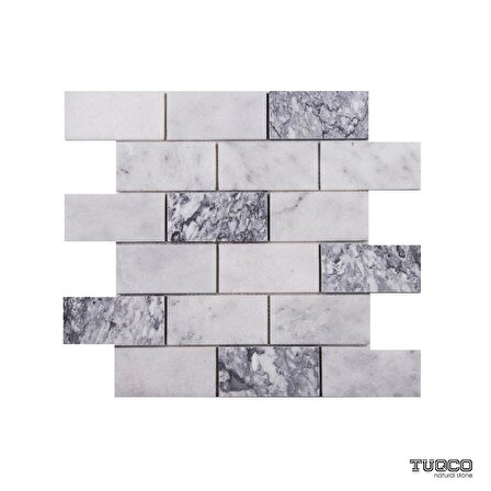 Tuqco Doğal Taş 5cm x 10cm Muğla Beyazı - Gümüş Honlu Mermer Mozaik Banyo Mutfak Tezgah Arası Duvar Kaplama Döşeme Paneli Fileli