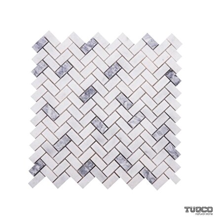 Tuqco Doğal Taş Herringbone Muğla Beyazı - Gümüş Honlu Mermer Mozaik Banyo Mutfak Tezgah Arası Duvar Kaplama Döşeme Paneli Fileli